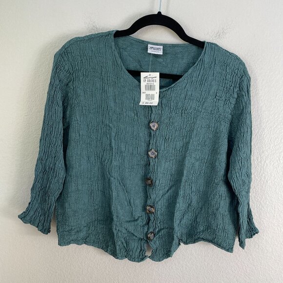 NEW Cp Shades Womens Small Button Up Textured Crinkled Top Teal Shirt - Picture 8 of 10